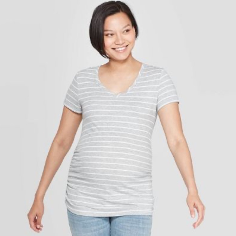Isabel Maternity Shirt - Light Gray with White Stripes